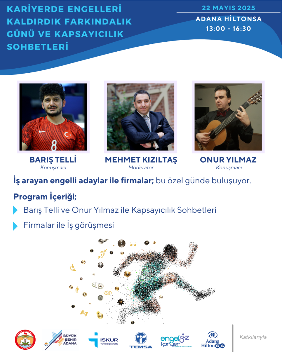 Betimleme: Görselin ortasında "Kariyerde Engelleri Kaldırdık" Farkındalık Günü ve Kapsayıcılık Sohbetleri başlığı yer alıyor. Konuşmacılar ve moderatörün kare resimleri merkezi konumda. Görselin en alt kısmında ise etkinliğin yer, tarih ve saat bilgileri ile destekleyen firmaların logoları bulunuyor.