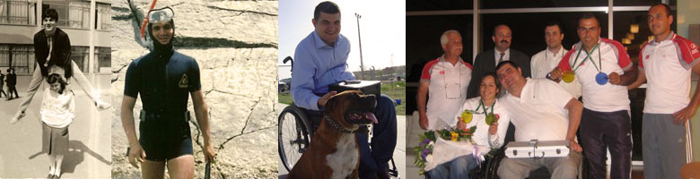 Resim: Tunç'un arkadaşları ile birlikte yanyana çekilmiş, köpeği ile bilrikte ve kaza öncesi dalgıç kıyafetlerinden oluşan üç resmi.