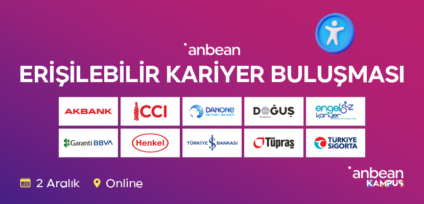 Betimleme: Anbean Erişilebilir Kariyer Buluşması afişi, mor fon rengi üzerine 10 firma logosunun olduğu görsel.